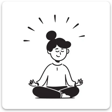 A person in a peaceful meditation pose with small waves of calmness radiating outward, representing mindfulness and stress relief. Simple hand-drawn doodle style. sticker