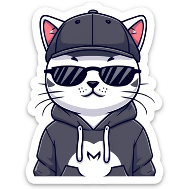 cat wearing a black snapback cap and black hoodie, with black sunglasses positioned low on his nose, looking directly at the viewer over the top of his sunglasses with a cool expression, doing graffiti with spray paint sticker