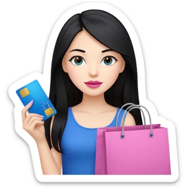 Girl with long black hair and crown, pink lipstick, brown eyes holding shopping bags and blue credit card sticker