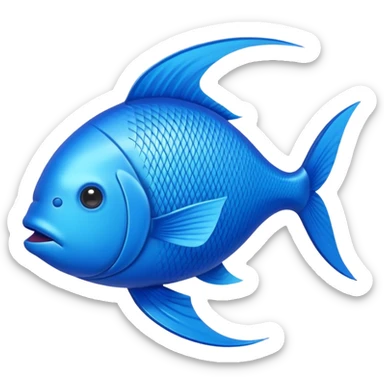 A simple, symmetrical fish shape formed by two intersecting curved arcs, with a pointed tail on the right and a rounded head on the left, filled solidly in vibrant medium blue color (hex #007BFF or similar royal blue shade with slight gloss for a 3D effect), sticker