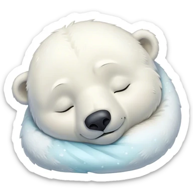 Meme-Worthy cute Sleeping Polar Bear Portrait Emoji, Head resting peacefully with a contented smile, showcasing a luxuriously soft snowy coat and eyes closed in serene slumber, Simplified yet hilariously adorable features, highly detailed, glowing with a soft, drowsy polar light, high shine, relaxed and utterly lovable, stylized with an air of playful laziness, bright and heartwarming, soft glowing outline, capturing the essence of a sleeping polar guardian that feels destined to become the next viral sensation of adorable rest! sticker
