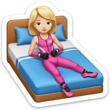 ten-year-old girl in a racing suit, racing shoes and racing gloves with no helmet, unzipped, revealing a sports bra, sleeping on a bed happily, flat-chested and prepubescent sticker