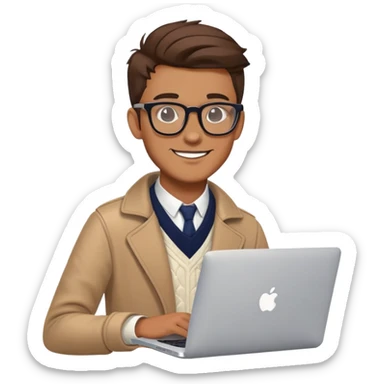 smiling college stylish British  hipster man with MacBook with glasses sticker