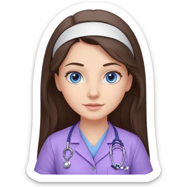 pretty brunette nurse with long hair and blue eyes in lilac scrubs sticker