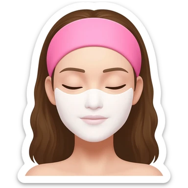 A woman with brown hair, eyes closed, calm and neutral expression, not smiling, wearing a pink headband, wearing a white sheet mask, simple emoji style, flat 2D render, pastel colors, white background sticker