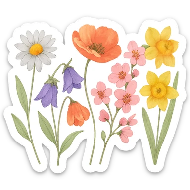 watercolor painting of springtime flowers, no background sticker
