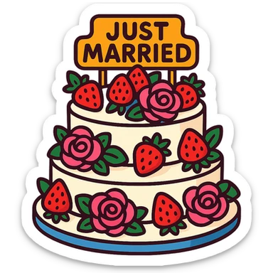 white wedding cake with strawberries, pink roses, 'Just Married' topper, vibrant toon style sticker