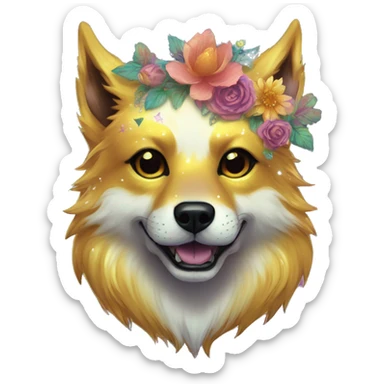 iridescent fluffy dog fox head zombie skull skeleton gold mechanical nebula galaxy stars colorful flowers fairy lights vintage sticker