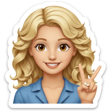 Luxury blonde model, brown eyes, wavy hair, peace sign sticker