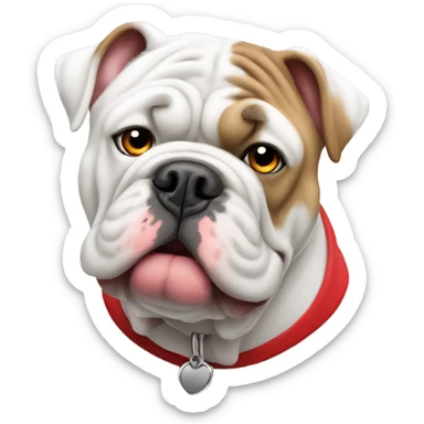 White English bulldog with red jersey sticker