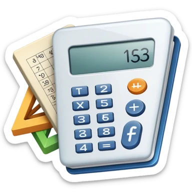 An icon featuring mathematical formulas, a calculator, and geometric shapes, symbolizing mathematics. The design includes numbers, a ruler, and a compass, representing the study of numbers, logic, and equations. Transparent background highlights the science of calculation and analysis sticker