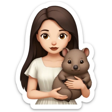 Beautiful woman in 1950’s woman fashion look, white dress, long dark brown hair, wombat sticker