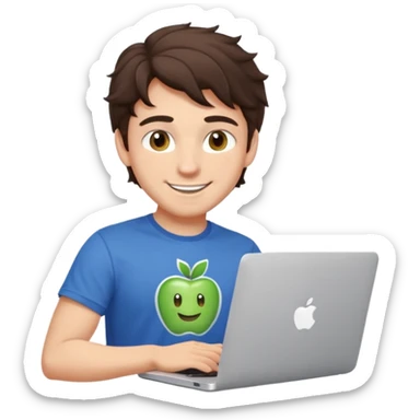 Apple emoji style: developer character, young man, wavy dark brown hair, hazel eyes, dimple, smiling, playful wink, tech t-shirt, at MacBook with Apple logo, modern soft background sticker