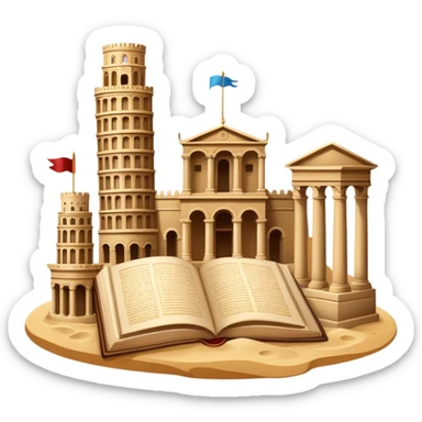 icon featuring ancient scrolls, quill pen with famous historical landmarks and monuments in the background like colliseum. Large, antique sand clocks with sand pouring out represent the passage of time. Historical figures are depicted as statues. Transparent background. sticker