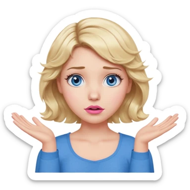 Girl Blonde short wavy hair,  blue eyes, cute blue top, long lashes, pink lips, confused, shrugging hands raised sticker