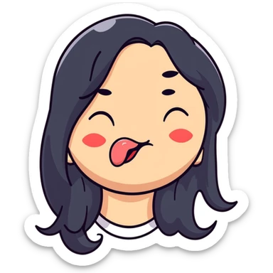 surprised and disgusted face with long black hair, goopy white liquid on cheeks, lips, and tongue, tongue sticking out, eyes shut, expressive cartoon look sticker