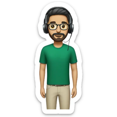A white pakistani guy in dark green shirt having short beard and wearing headphones & optical glasses sticker