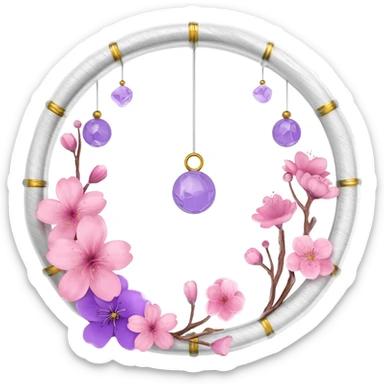 A white-wooden-circle-framed Dreamcatcher, with purple-round-orb-stones, gold-ring-accents, purple tint flowers, pink sakura flowers, sticker
