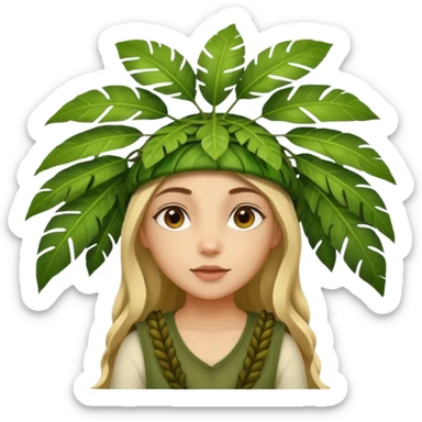 a girl with jungle wearing a large leaf headgear bye  sticker