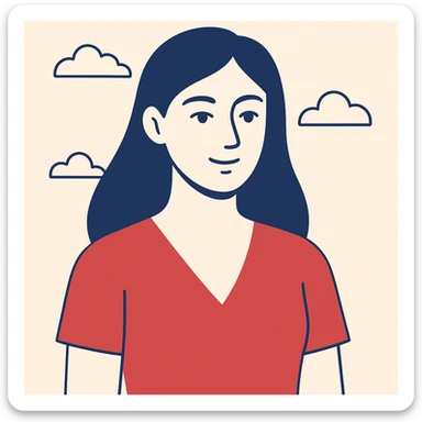 a woman with long chocolate brown hair wearing a red v-neck top, clean modern illustration style sticker