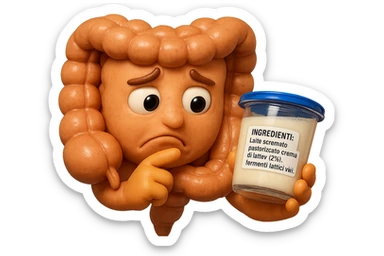 SU QUESTO STILE FAI UN EMOJI STILE IPHONE 3D DI UN INTESTINO CHE HA IN MANO UN BARATTOLO DI YOGURT CONFEZIONATO DA SUPERMERCATO E LEGGE L'ETICHETTA NUTRIZIONALE CON GLI INGREDIENTI IN ITALIANO, ACCANTO ALLO YOGURT CHE HA IN MANO C'è UN FOCUS SULL'ETICHETTA CON GLI INGREDIENTI SCRITTI, FAGLI UN ESPRESSIONE CONFUSA MENTRE LEGGE E FALLO MOLTO REALISTICO IN 3D sticker