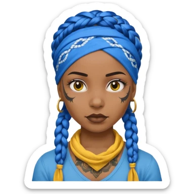 blue braided hair with yellow head bandana and lots of face tattoo black skin girl sticker