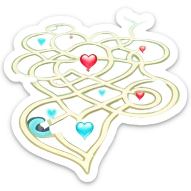 Magical cartography map with abstract heart-shaped pathways blending into the terrain lines, glowing ethereal map symbols sticker