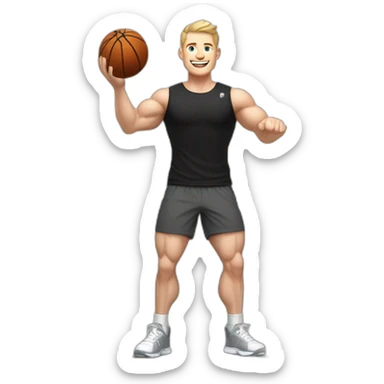 Joyful Celebrating victory Pale skinned Fit Man With the biceps and dark brown hair in black shirt, gray sports shorts and white Sneakers sticker