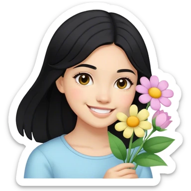 Light skinned girl, black hair happy to hold pastel flowers sticker