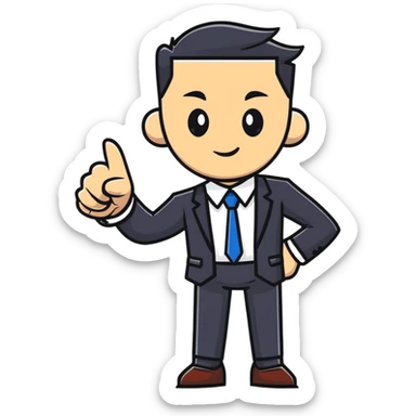 Boss character with a confident pose, business attire, pointing forward sticker
