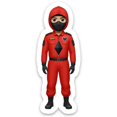 Illustrate a guard in red jumpsuit with black mask featuring a white triangle symbol. sticker
