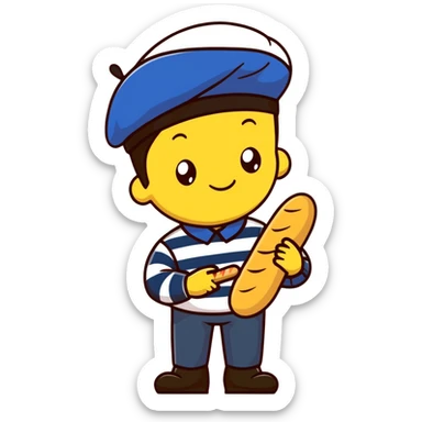 French man with blue and white striped shirt, black beret, holding a baguette sticker