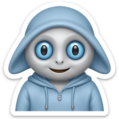 No head..it has 1 eye....stands upright ...wears clothing. is light grey and light blue..looks happy and cuddly... doesnt have a full head.... there is a appendage coming out of top of body with a single large eye sticker
