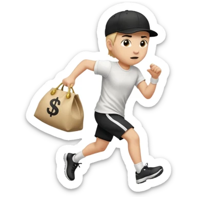 Thief with black cap white t-shirt with black Stripes emoji runing with money bag sticker
