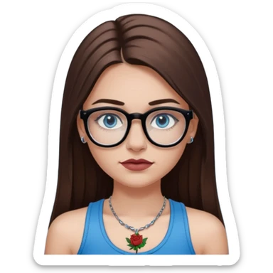 White girl with long straight brown hair and blue eyes wearing plastic frame glasses that go from black to clear ombré from top to bottom. Stud nose piercing on right side of nose and a septum piercing. Wearing black tank top. Rose tattoo on right arm. sticker