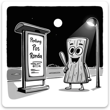a humanoid wooden club with big cartoon eyes and a wide smile, barefoot, standing at a dark street bus stop under a dim streetlight, holding a bat, with a background sign reading 'Pentung Pos Ronda' sticker