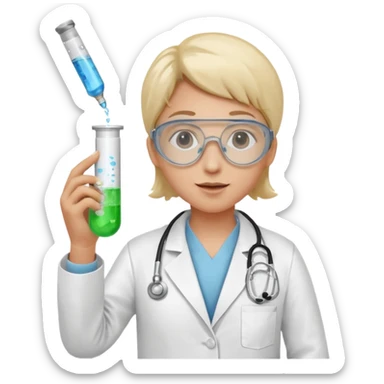 A person wearing safety goggles, a stethoscope, and a white coat. In one hand they hold a test tube containing chemicals and in the other a syringe. sticker