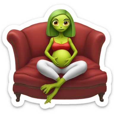 reptilian alien woman in red dress,pregnant, sitting on a jellow couch  sticker