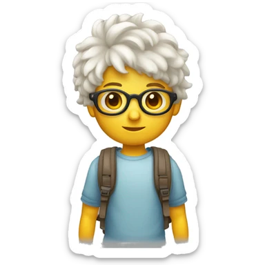un niño flaco de piel blanca con pelo rulado corto y lentes con mochila sticker