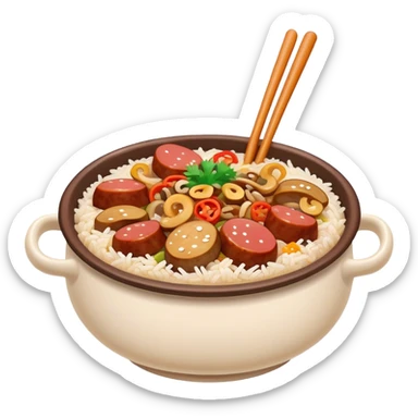 Guangdong clay pot rice with toppings and sauce, simplified emoji style with bold outlines and bright colors, cartoon style Cantonese Bo Zai Fan sticker