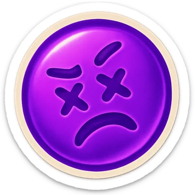 A funny face emote with a neon purple theme, expressing tilt, compact and expressive sticker