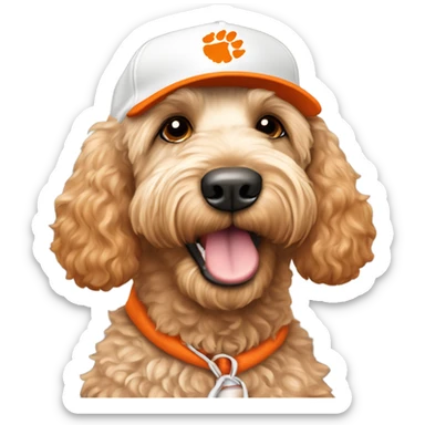 labradoodle dog wearing a white and orange Clemson baseball cap￼ sticker