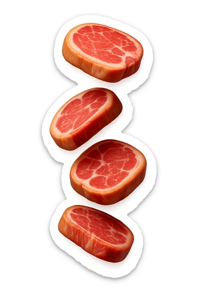 emoji stile iphone in 3d di fette di carne che cadono verticalmente dall'alto, iperrealistico 4k sticker