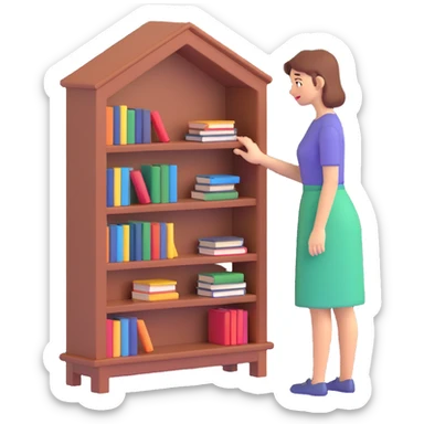 a sad woman looking at a small bookcase sticker