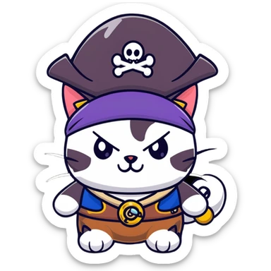 pirate cat with tricorn hat, beads in fur, mischievous expression sticker
