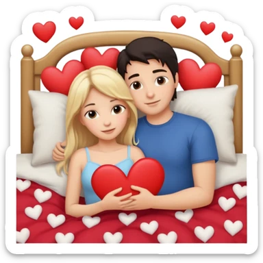 two people cuddling in bed. man has dark hair. woman is blonde. hearts surrounding them. sticker