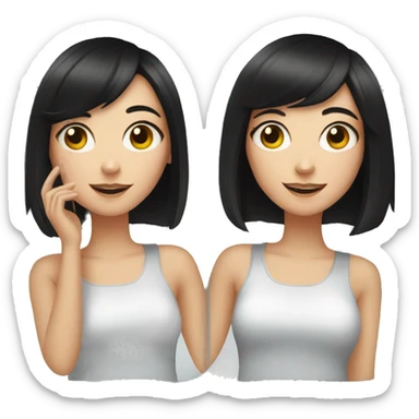 Two white girls with black hair doing mirror selfie sticker