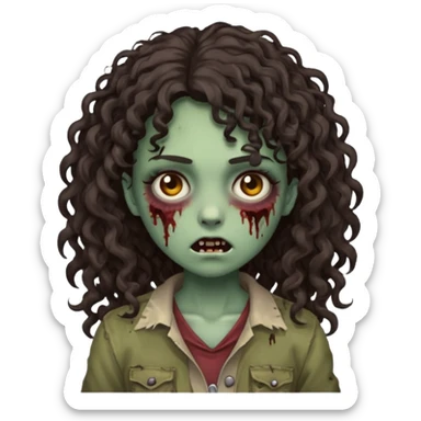 Emoji garota zombie com cabelo castanho escuro cacheado longo com franja cacheada sticker