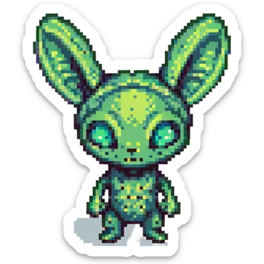 small green alien with big ears, inspired by Star Wars, cute pixel art style sticker
