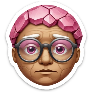 A single pinkfaceted rock head, chunky and worn, with very visible big cracks and chipped facets but still shiny, big glasses sticker